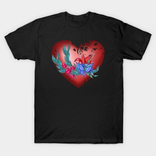 Heart with blue and red flowers and green branches T-Shirt